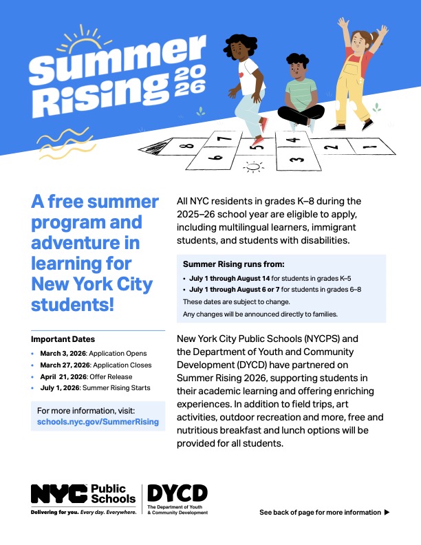 Summer Rising 2026 flyer in English — A free summer program for NYC students in grades K-8. Application opens March 3, closes March 27, 2026.