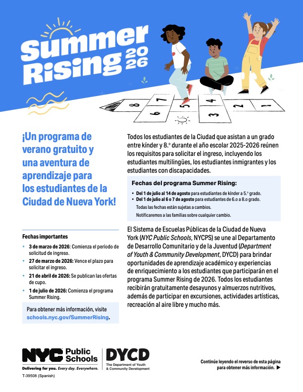 Summer Rising 2026 en español — Un programa de verano gratuito para estudiantes de kínder a 8.o grado. Solicitud abierta del 3 al 27 de marzo de 2026.